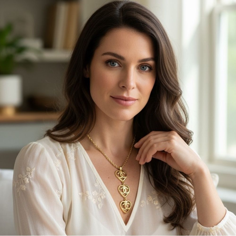 CHANEL Triple Gold Open Heart Necklace, Authentic